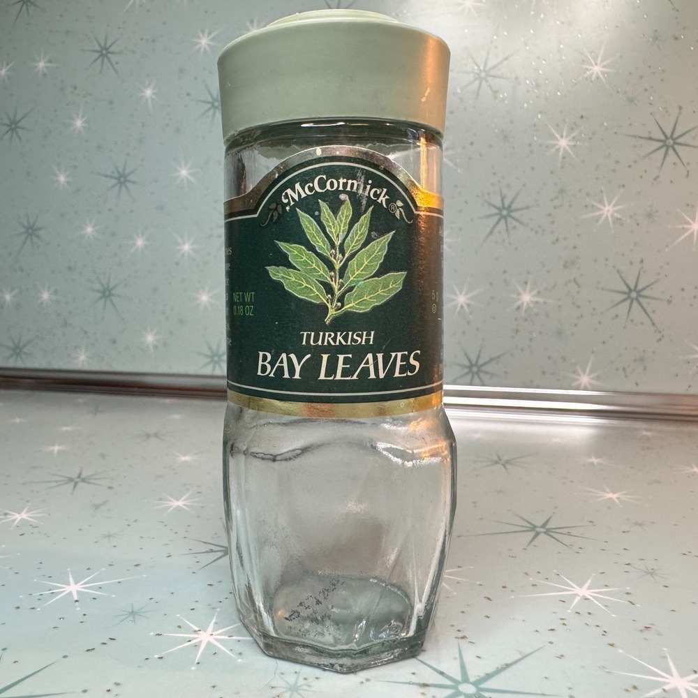 Vintage McCormick Turkish Bay Leaves Jar Green Lid and Label Glass Spice Bottle